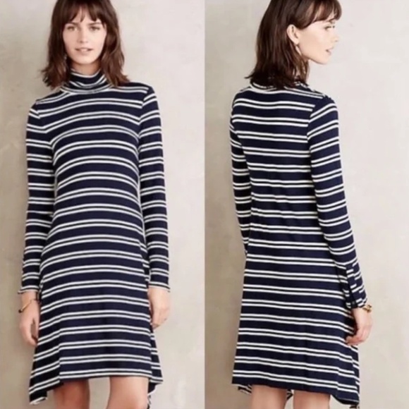 Anthropologie Maeve Navy & White Striped Turtleneck Long Sleeve Swing Dress - XS - Picture 2 of 11
